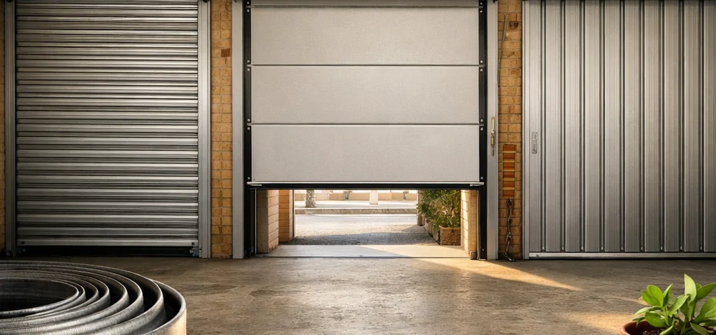 Tres tipos de puertas de garaje en un espacio reducido, mostrando eficacia y detalles prácticos en un ambiente urbano.