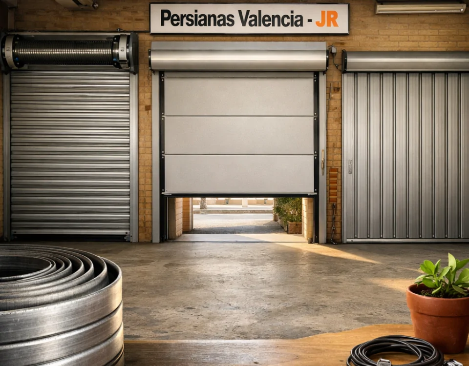 Tres tipos de puertas de garaje en un espacio reducido, mostrando eficacia y detalles prácticos en un ambiente urbano.