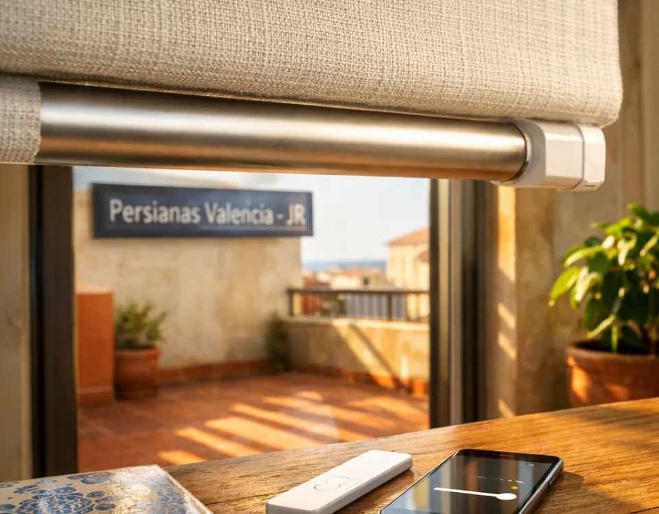 Interiores de un apartamento en Valencia con persianas motorizadas, luz cálida y un ambiente tranquilo. Cuales son las opciones mas efectivas para la motorizacion de persianas en Valencia.