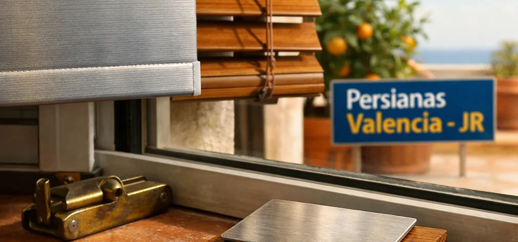 Ventana en Valencia con persianas de aluminio, madera y lona, mostrando durabilidad y calidez en un ambiente soleado.