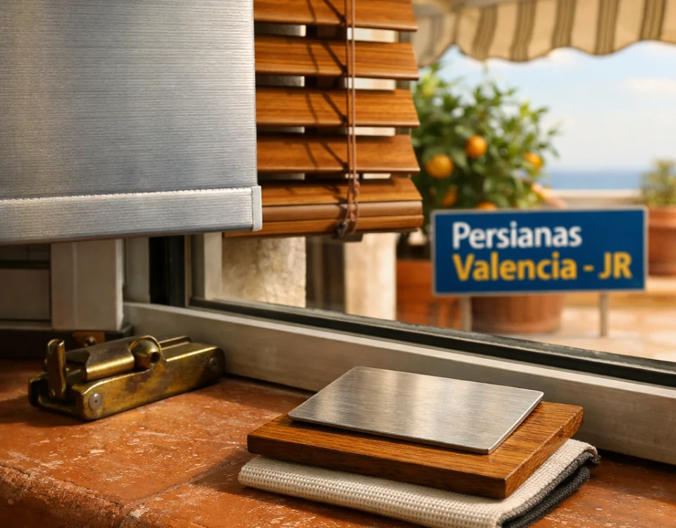 Ventana en Valencia con persianas de aluminio, madera y lona, mostrando durabilidad y calidez en un ambiente soleado.