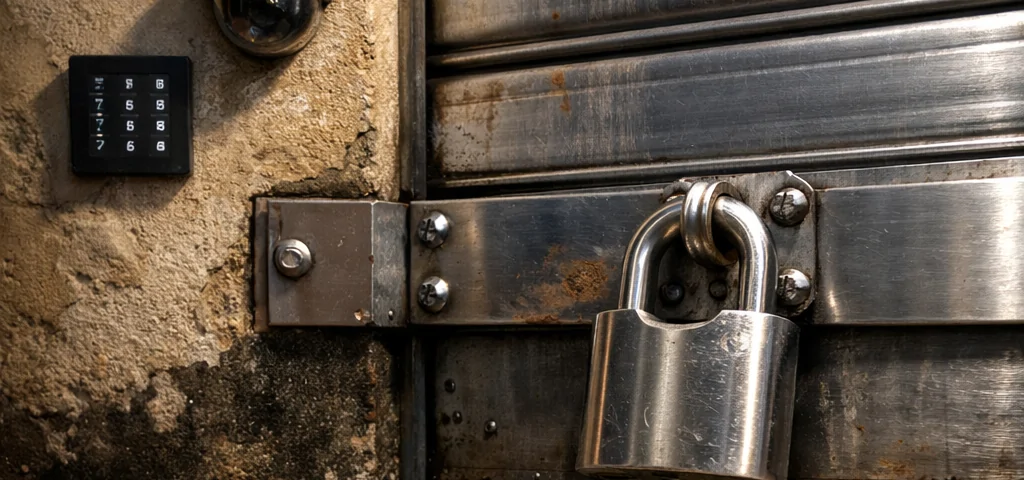Puerta de garaje reforzada en Valencia al atardecer, con cerradura y cámara, evocando seguridad: "Como puedo mejorar la seguridad de mis puertas de garaje en Valencia".