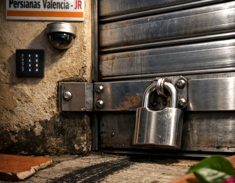 Puerta de garaje reforzada en Valencia al atardecer, con cerradura y cámara, evocando seguridad: "Como puedo mejorar la seguridad de mis puertas de garaje en Valencia".