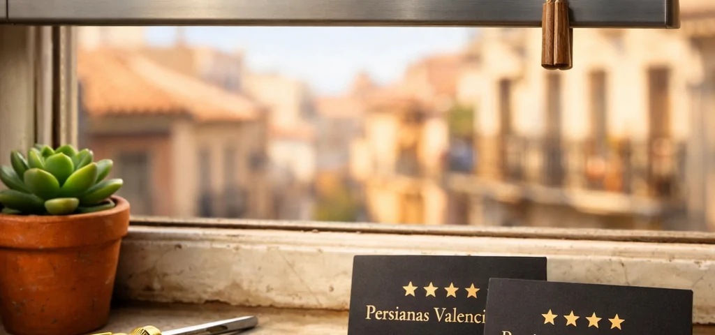 Ventana de apartamento en Valencia con persiana de madera, herramientas de instalación y vista desenfocada de la ciudad. Cuales son las empresas mejor valoradas para la instalacion de persianas en Valencia.