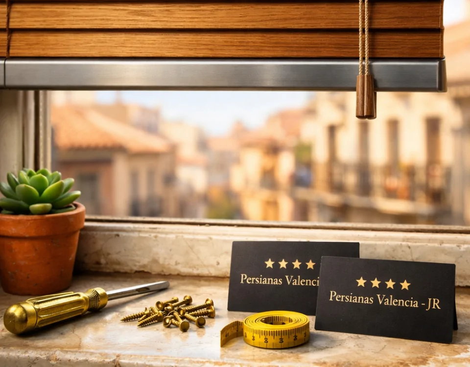 Ventana de apartamento en Valencia con persiana de madera, herramientas de instalación y vista desenfocada de la ciudad. Cuales son las empresas mejor valoradas para la instalacion de persianas en Valencia.