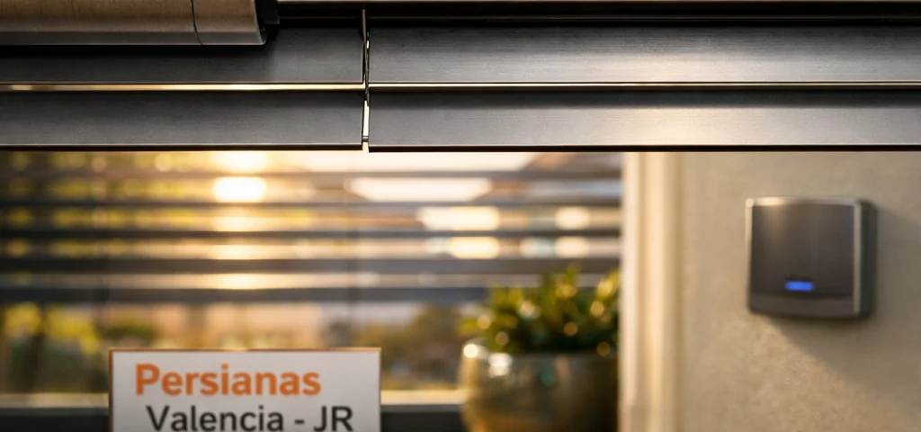 Sala moderna con persianas motorizadas; luz ámbar y sombras suaves. Como afectan las persianas motorizadas al consumo energetico de una vivienda.