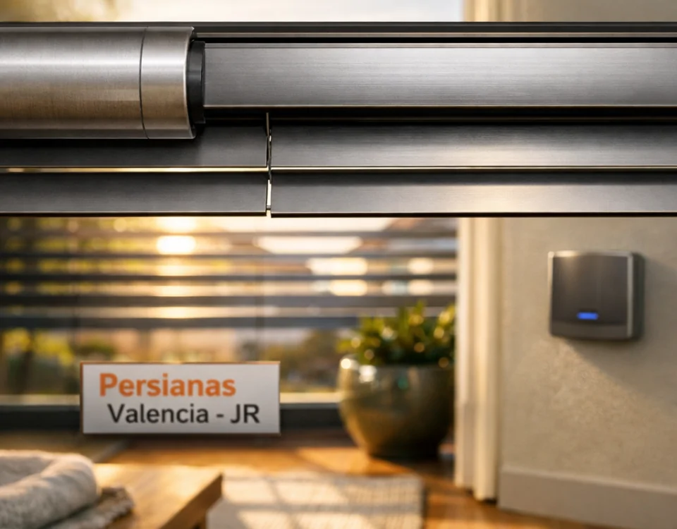 Sala moderna con persianas motorizadas; luz ámbar y sombras suaves. Como afectan las persianas motorizadas al consumo energetico de una vivienda.