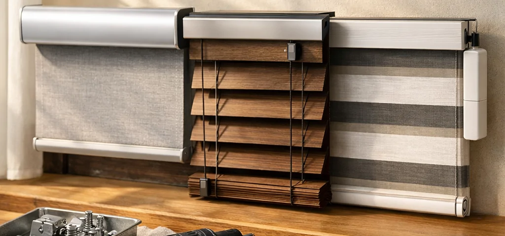 Ventana iluminada con opciones de instalación de persianas motorizadas; herramientas y sistemas organizados en un ambiente cálido. Cuales son las opciones mas populares para la instalacion de persianas motorizadas.