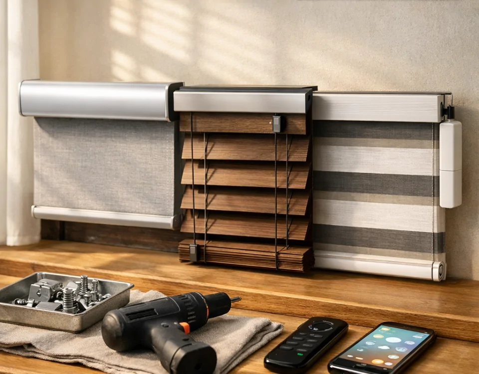 Ventana iluminada con opciones de instalación de persianas motorizadas; herramientas y sistemas organizados en un ambiente cálido. Cuales son las opciones mas populares para la instalacion de persianas motorizadas.