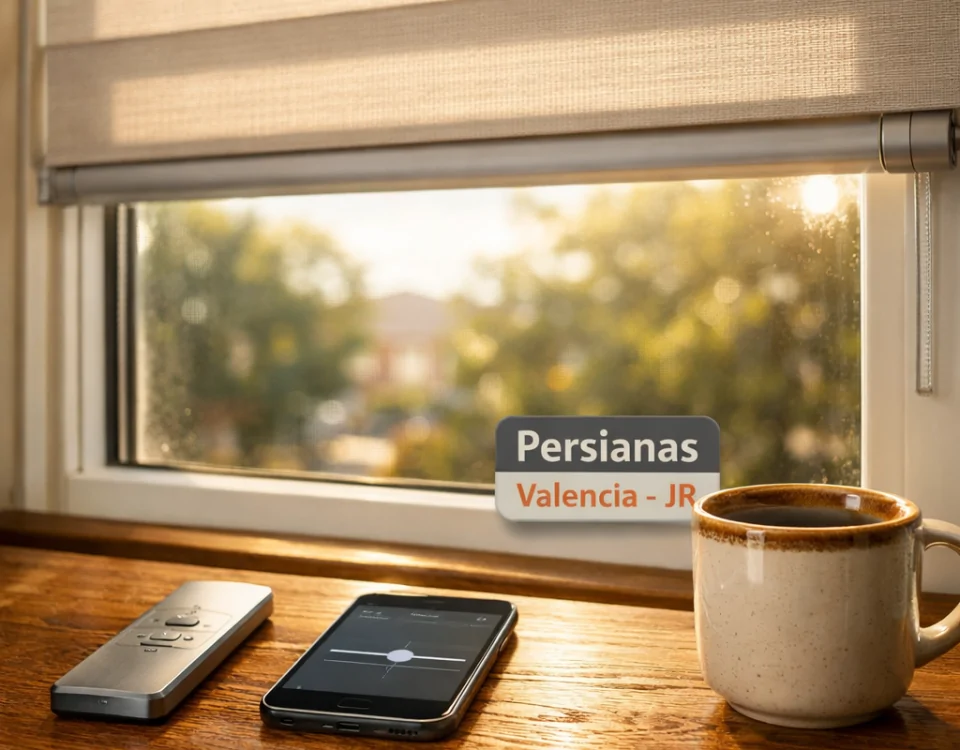 Interior acogedor con persianas motorizadas, mostrando su precisión y beneficios frente a las tradicionales en un ambiente soleado.