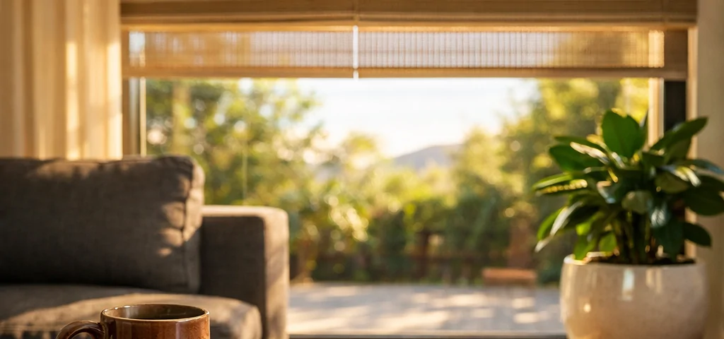 Sala moderna iluminada por el sol con persianas motorizadas, mostrando comodidad y eficiencia en un hogar. Cuales son los beneficios de motorizar persianas en un hogar moderno.