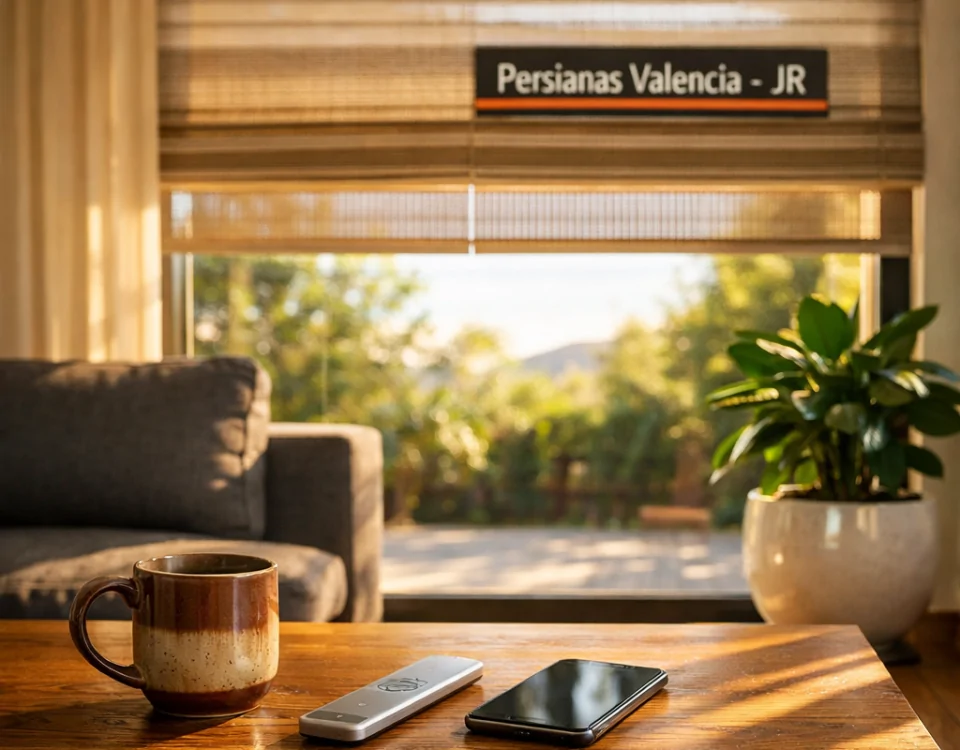 Sala moderna iluminada por el sol con persianas motorizadas, mostrando comodidad y eficiencia en un hogar. Cuales son los beneficios de motorizar persianas en un hogar moderno.