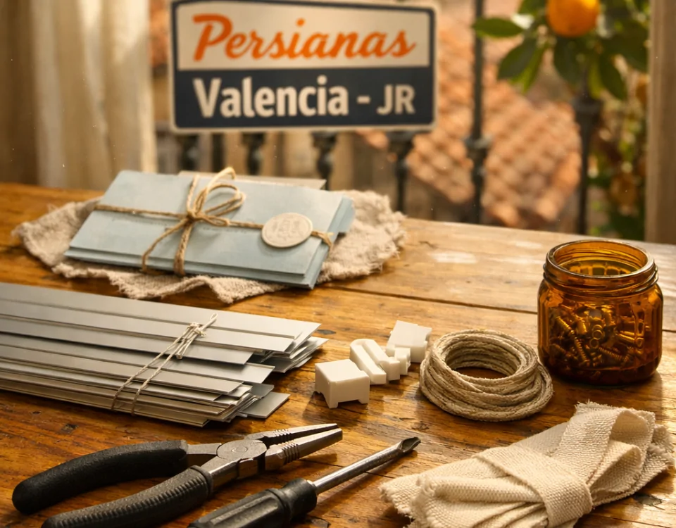 Escena de trabajo doméstico iluminada en un apartamento valenciano; herramientas y persianas desarmadas. Que proveedores ofrecen descuentos en reparacion de persianas en Valencia.