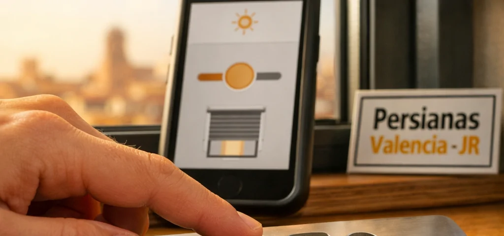 Control remoto y smartphone sobre un alféizar de roble, con persianas automáticas en Valencia y un fondo de skyline borroso.