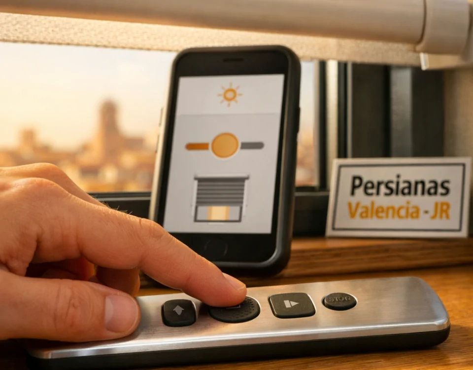 Control remoto y smartphone sobre un alféizar de roble, con persianas automáticas en Valencia y un fondo de skyline borroso.