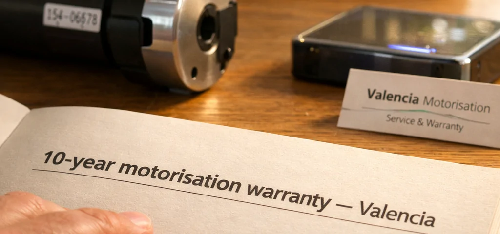 Macro de un folleto de garantía sobre una mesa de roble, resaltando "10 años de garantía de motorización - Valencia". Que empresa oferta garantias extensas para motorizacion de persianas en Valencia.