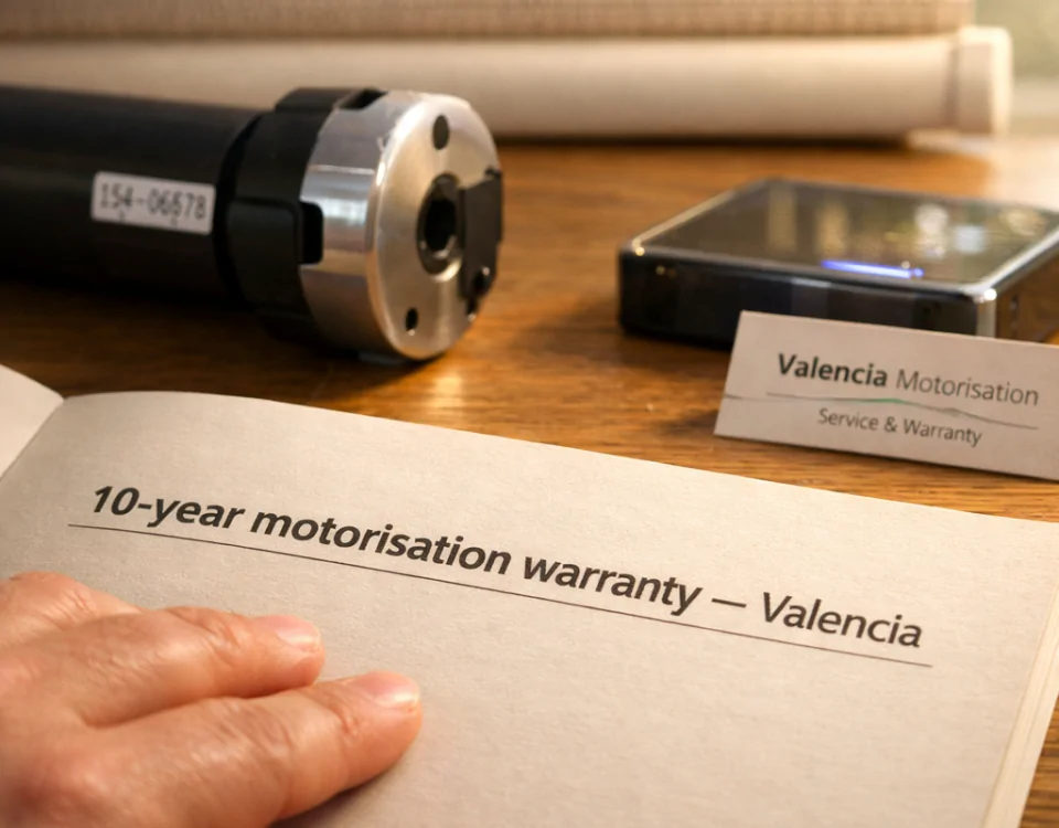 Macro de un folleto de garantía sobre una mesa de roble, resaltando "10 años de garantía de motorización - Valencia". Que empresa oferta garantias extensas para motorizacion de persianas en Valencia.