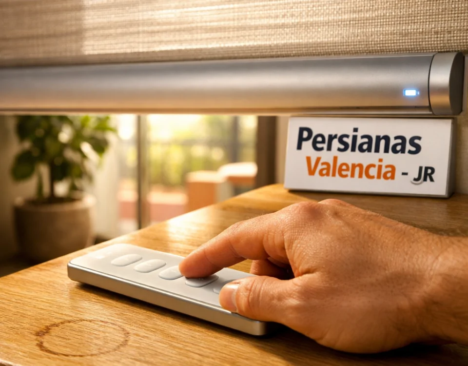 Primer plano de una mano presionando un control remoto para persianas motorizadas; beneficios de motorización en Valencia.