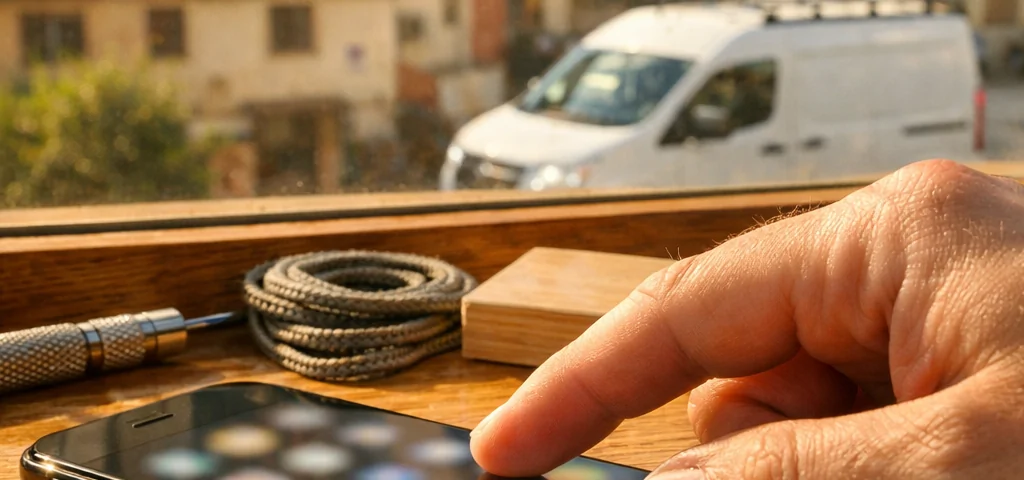 Primer plano de un dedo a punto de tocar un smartphone en un alféizar, iluminado por el sol; Donde encontrar servicios de reparacion economica de persianas en Valencia.
