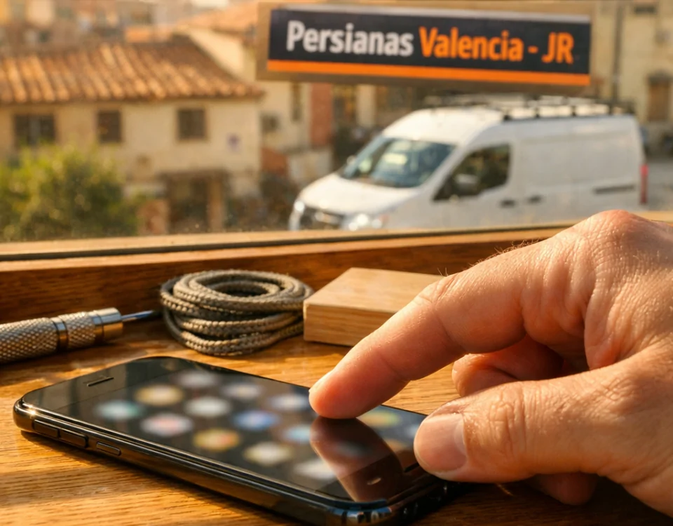 Primer plano de un dedo a punto de tocar un smartphone en un alféizar, iluminado por el sol; Donde encontrar servicios de reparacion economica de persianas en Valencia.