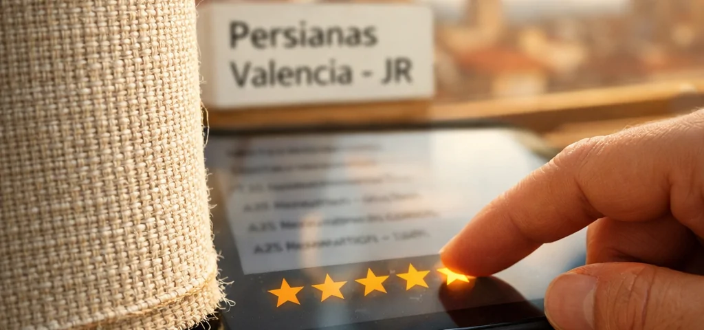 Primer plano extremo de tela de persiana en un alféizar, con un dedo que toca una estrella en una reseña sobre "Cuales son las opiniones sobre empresas de persianas en Valencia".
