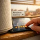 Primer plano extremo de tela de persiana en un alféizar, con un dedo que toca una estrella en una reseña sobre "Cuales son las opiniones sobre empresas de persianas en Valencia".