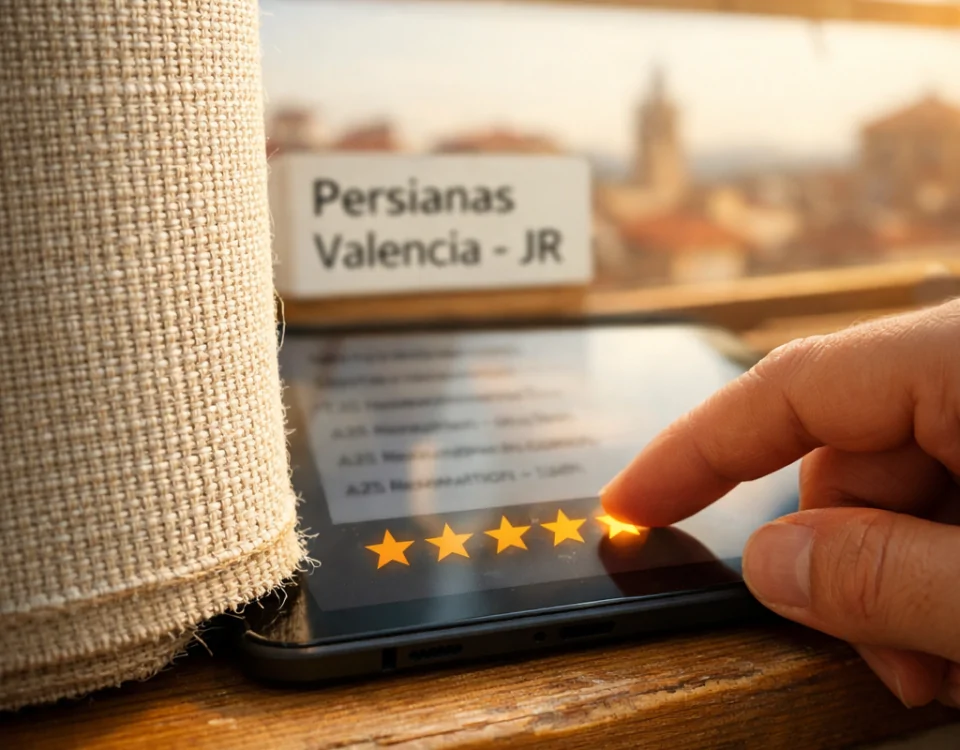 Primer plano extremo de tela de persiana en un alféizar, con un dedo que toca una estrella en una reseña sobre "Cuales son las opiniones sobre empresas de persianas en Valencia".