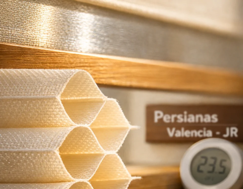 Fotografía macro de materiales de persianas en una ventana de Valencia, explorando qué persianas son más efectivas contra el calor.