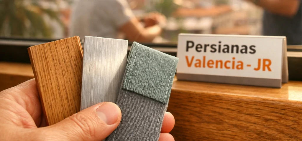 Primer plano extremo de una mano técnica mostrando muestras de materiales en un entorno cálido y acogedor en Valencia. Cual es la empresa de instalacion de persianas mas popular en Valencia.