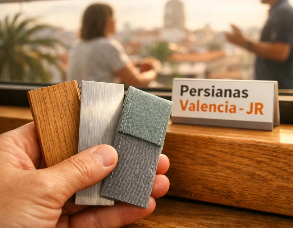 Primer plano extremo de una mano técnica mostrando muestras de materiales en un entorno cálido y acogedor en Valencia. Cual es la empresa de instalacion de persianas mas popular en Valencia.