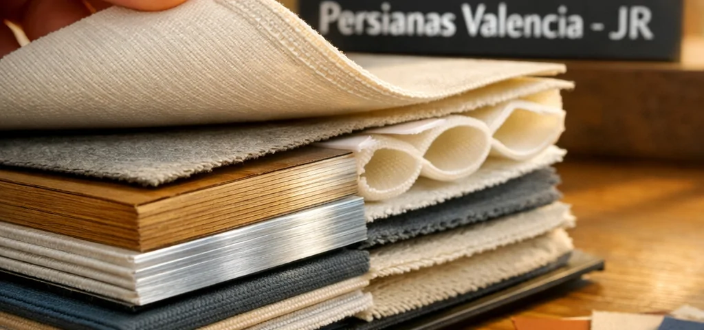 Primer plano de un libro de muestras de persianas en una mesa de roble, mostrando variedad de texturas y colores. Que empresa ofrece mayor variedad de persianas en Valencia.