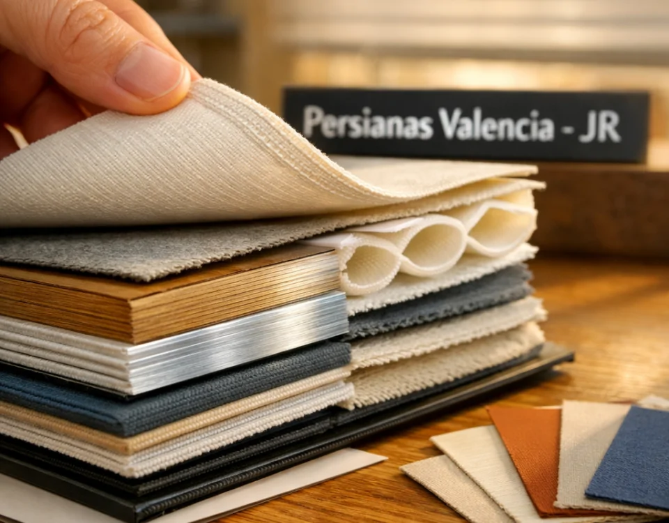 Primer plano de un libro de muestras de persianas en una mesa de roble, mostrando variedad de texturas y colores. Que empresa ofrece mayor variedad de persianas en Valencia.
