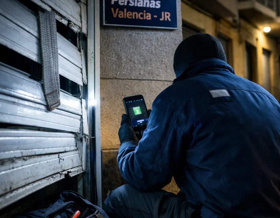 Técnico repara persiana atascada de noche en Valencia; Quien ofrece servicio 24 horas para reparacion de persianas en Valencia