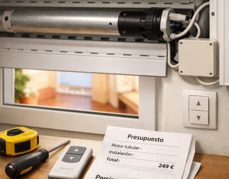 Motor tubular y cableado en persiana valenciana, con presupuesto de 249 €, herramientas y mando; opciones económicas para persianas automáticas en Valencia